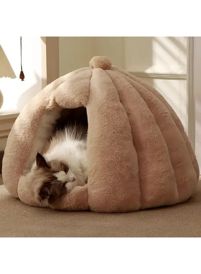 Large Khaki Plush Mongolian Cat Bed Warm Half Enclosed Dome Tent For Cats And Small Dogs - Image 4